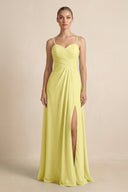 V - Neck A - Line Chiffon Pleated Bridesmaid Dress in Buttercup - KissProm Bridesmaid Dresses