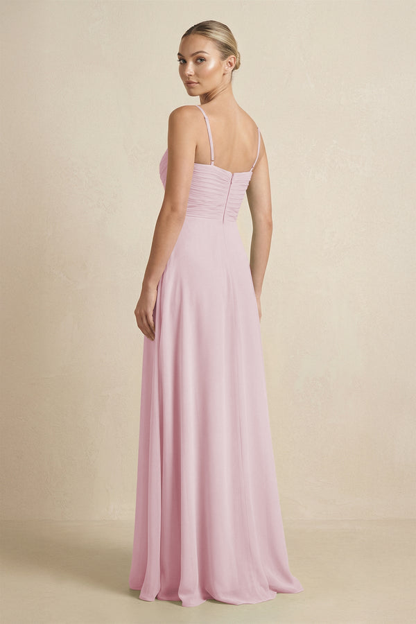 V - Neck A - Line Chiffon Pleated Bridesmaid Dress in Candy Pink - KissProm Bridesmaid Dresses