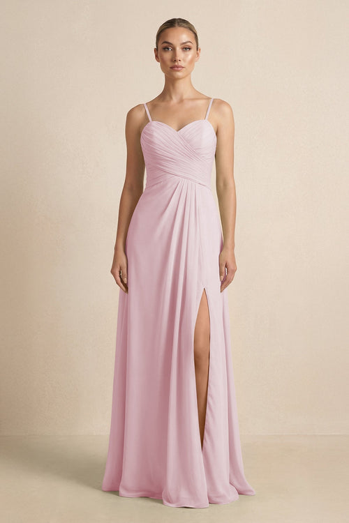 V - Neck A - Line Chiffon Pleated Bridesmaid Dress in Candy Pink - KissProm Bridesmaid Dresses