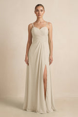 V - Neck A - Line Chiffon Pleated Bridesmaid Dress in Champagne - KissProm Bridesmaid Dresses