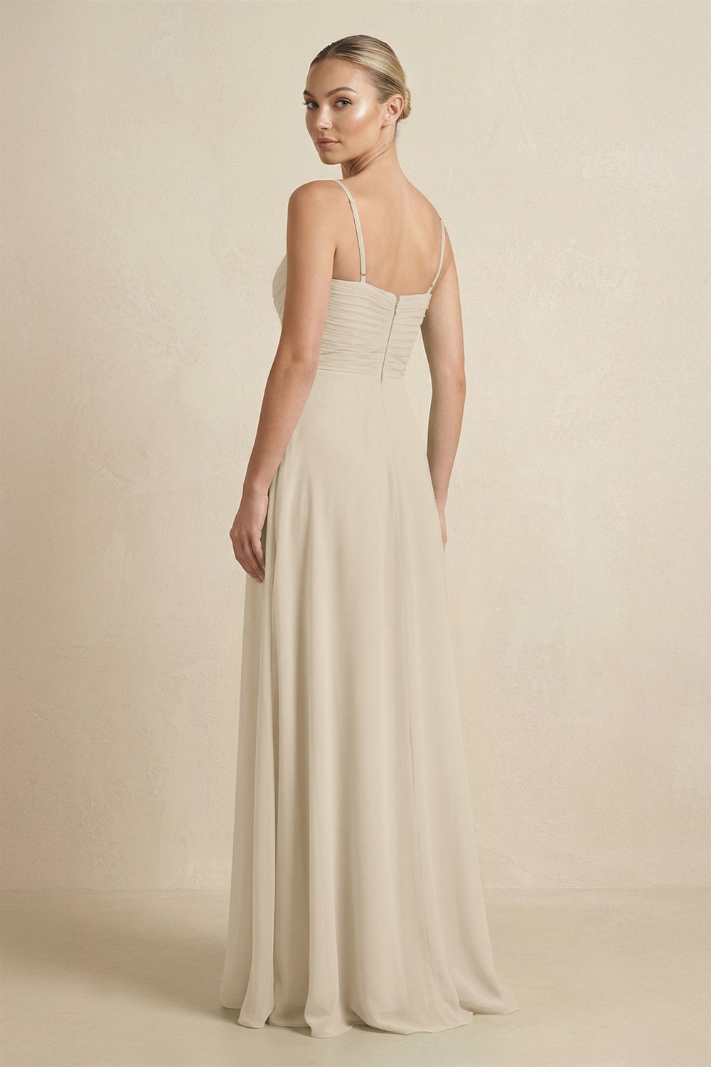 V - Neck A - Line Chiffon Pleated Bridesmaid Dress in Champagne - KissProm Bridesmaid Dresses