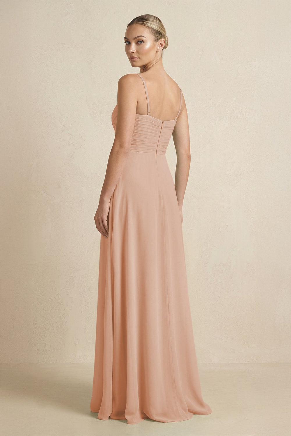 V - Neck A - Line Chiffon Pleated Bridesmaid Dress in Champagne Rose - KissProm Bridesmaid Dresses
