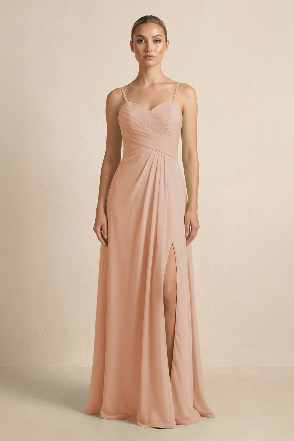 V - Neck A - Line Chiffon Pleated Bridesmaid Dress in Champagne Rose - KissProm Bridesmaid Dresses