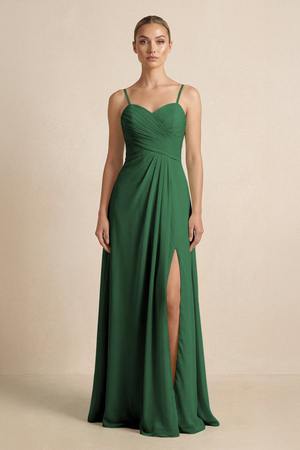 V - Neck A - Line Chiffon Pleated Bridesmaid Dress in Dark Green - KissProm Bridesmaid Dresses