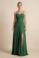 V - Neck A - Line Chiffon Pleated Bridesmaid Dress in Dark Green - KissProm Bridesmaid Dresses