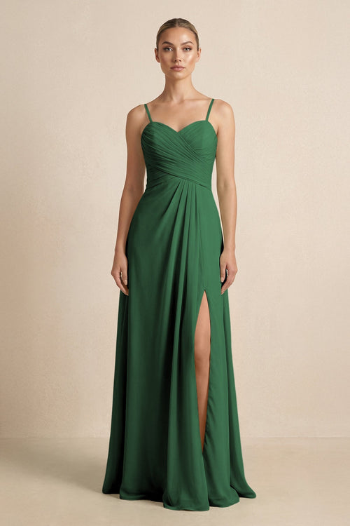 V - Neck A - Line Chiffon Pleated Bridesmaid Dress in Dark Green - KissProm Bridesmaid Dresses
