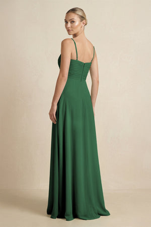V - Neck A - Line Chiffon Pleated Bridesmaid Dress in Dark Green - KissProm Bridesmaid Dresses