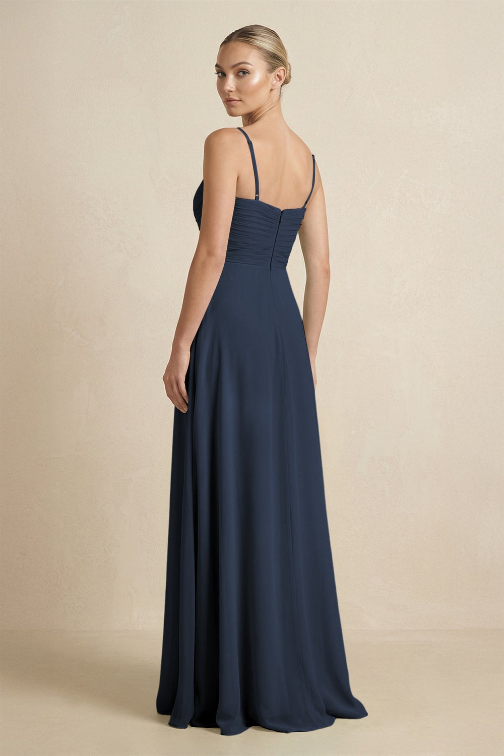 V - Neck A - Line Chiffon Pleated Bridesmaid Dress in Dark Navy - KissProm Bridesmaid Dresses