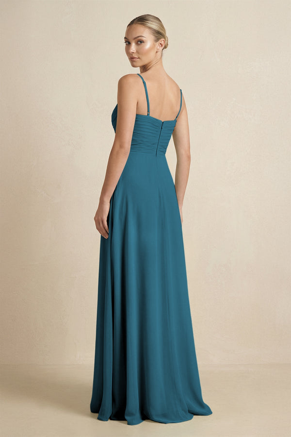 V - Neck A - Line Chiffon Pleated Bridesmaid Dress in Dark Teal - KissProm Bridesmaid Dresses