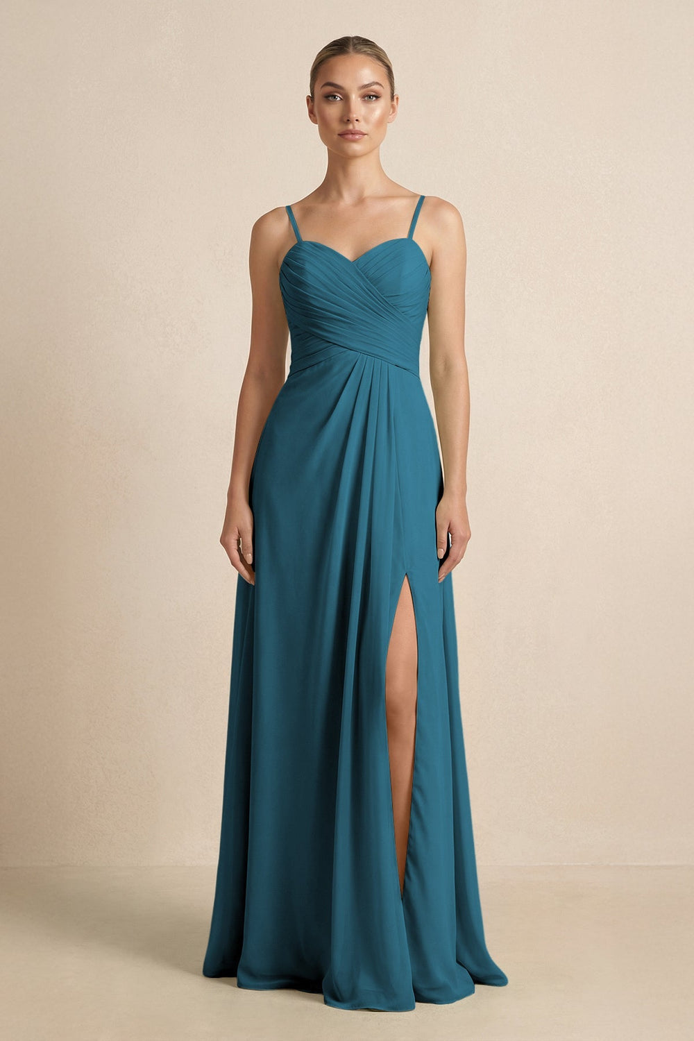 V - Neck A - Line Chiffon Pleated Bridesmaid Dress in Dark Teal - KissProm Bridesmaid Dresses