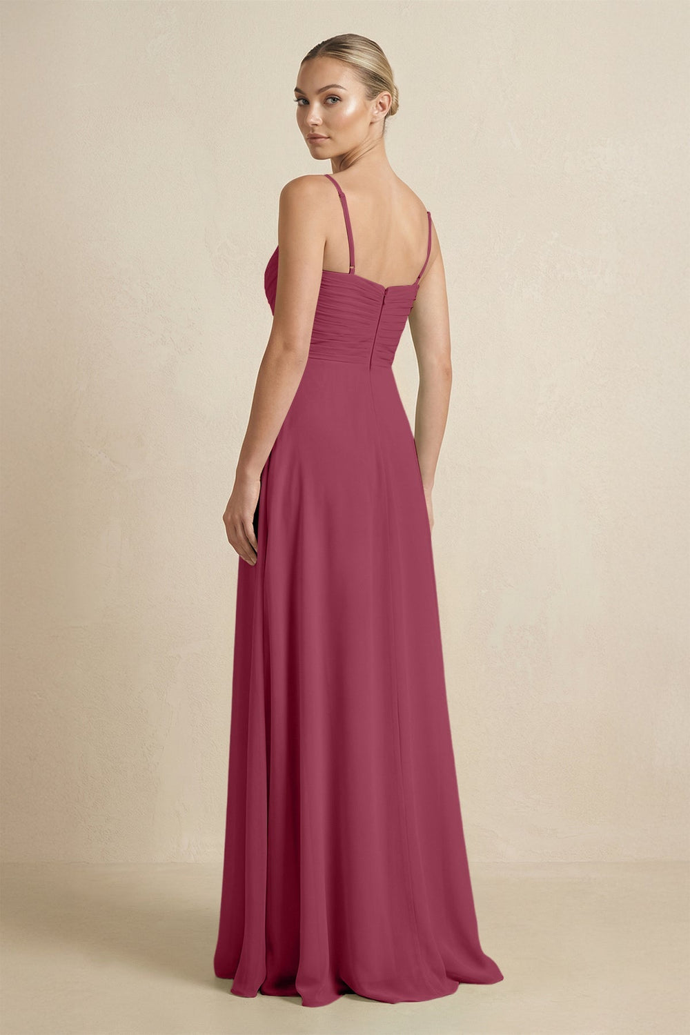 V - Neck A - Line Chiffon Pleated Bridesmaid Dress in Desert Rose - KissProm Bridesmaid Dresses
