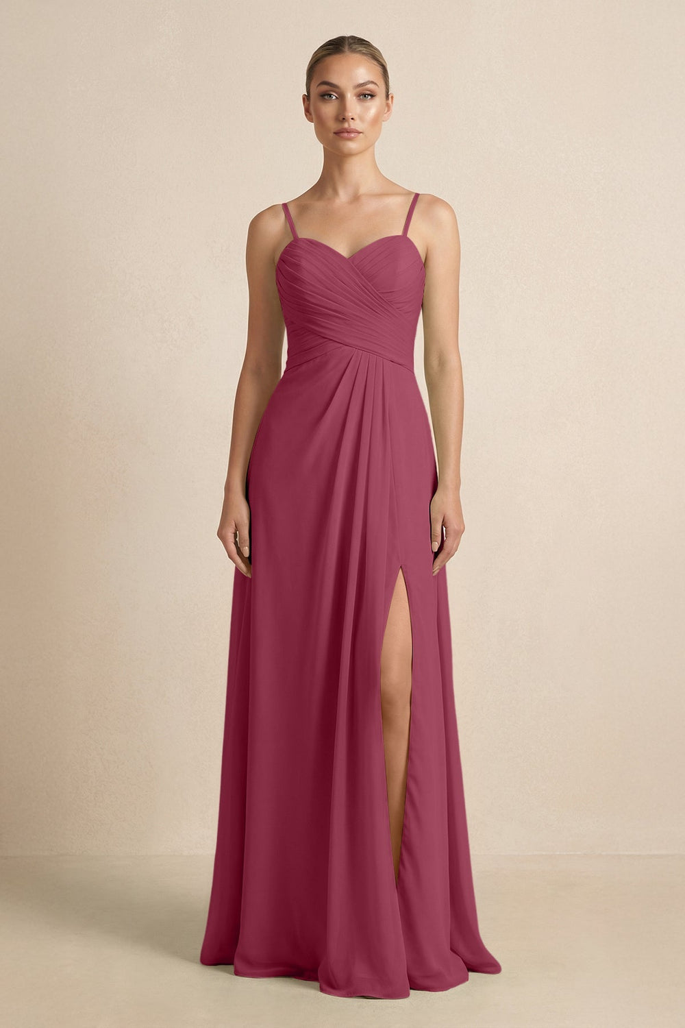 V - Neck A - Line Chiffon Pleated Bridesmaid Dress in Desert Rose - KissProm Bridesmaid Dresses