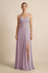 V - Neck A - Line Chiffon Pleated Bridesmaid Dress in Dusk - KissProm Bridesmaid Dresses