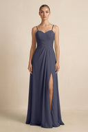 V - Neck A - Line Chiffon Pleated Bridesmaid Dress in Dusk Blue - KissProm Bridesmaid Dresses