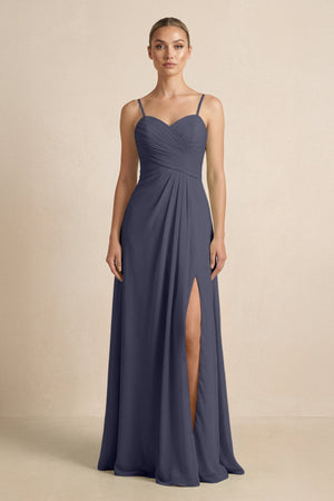 V - Neck A - Line Chiffon Pleated Bridesmaid Dress in Dusk Blue - KissProm Bridesmaid Dresses
