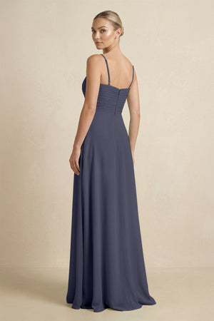 V - Neck A - Line Chiffon Pleated Bridesmaid Dress in Dusk Blue - KissProm Bridesmaid Dresses