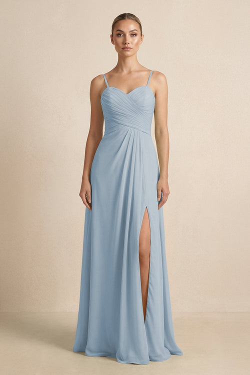 V - Neck A - Line Chiffon Pleated Bridesmaid Dress in Dusty Blue - KissProm Bridesmaid Dresses