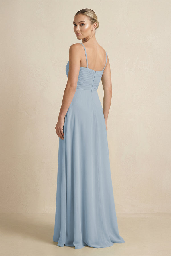 V - Neck A - Line Chiffon Pleated Bridesmaid Dress in Dusty Blue - KissProm Bridesmaid Dresses