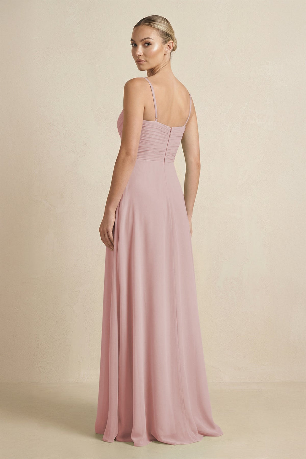 V - Neck A - Line Chiffon Pleated Bridesmaid Dress in Dusty Rose - KissProm Bridesmaid Dresses
