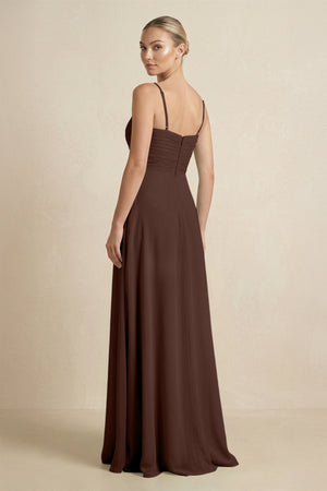 V - Neck A - Line Chiffon Pleated Bridesmaid Dress in Espresso - KissProm Bridesmaid Dresses