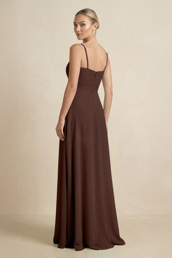 V - Neck A - Line Chiffon Pleated Bridesmaid Dress in Espresso - KissProm Bridesmaid Dresses