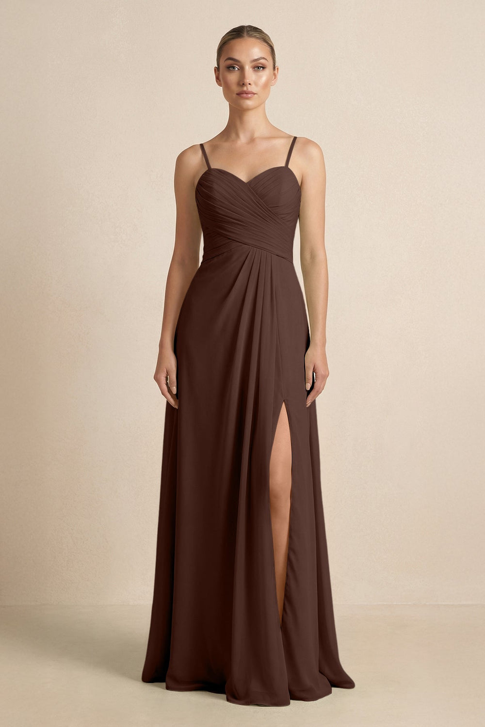 V - Neck A - Line Chiffon Pleated Bridesmaid Dress in Espresso - KissProm Bridesmaid Dresses