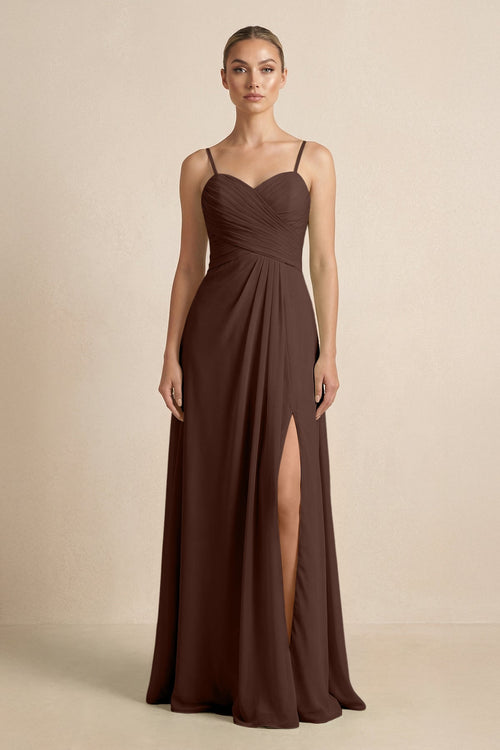 V - Neck A - Line Chiffon Pleated Bridesmaid Dress in Espresso - KissProm Bridesmaid Dresses