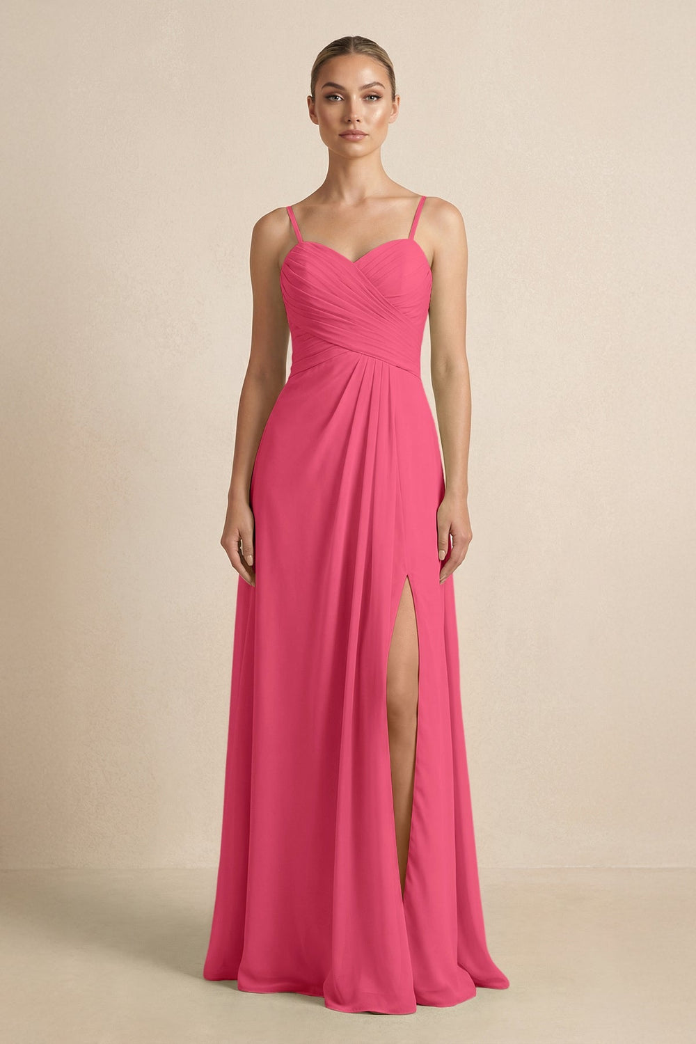 V - Neck A - Line Chiffon Pleated Bridesmaid Dress in Fuchsia - KissProm Bridesmaid Dresses