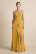 V - Neck A - Line Chiffon Pleated Bridesmaid Dress in Marigold - KissProm Bridesmaid Dresses