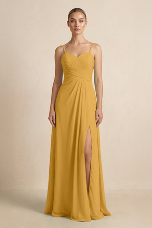 V - Neck A - Line Chiffon Pleated Bridesmaid Dress in Marigold - KissProm Bridesmaid Dresses