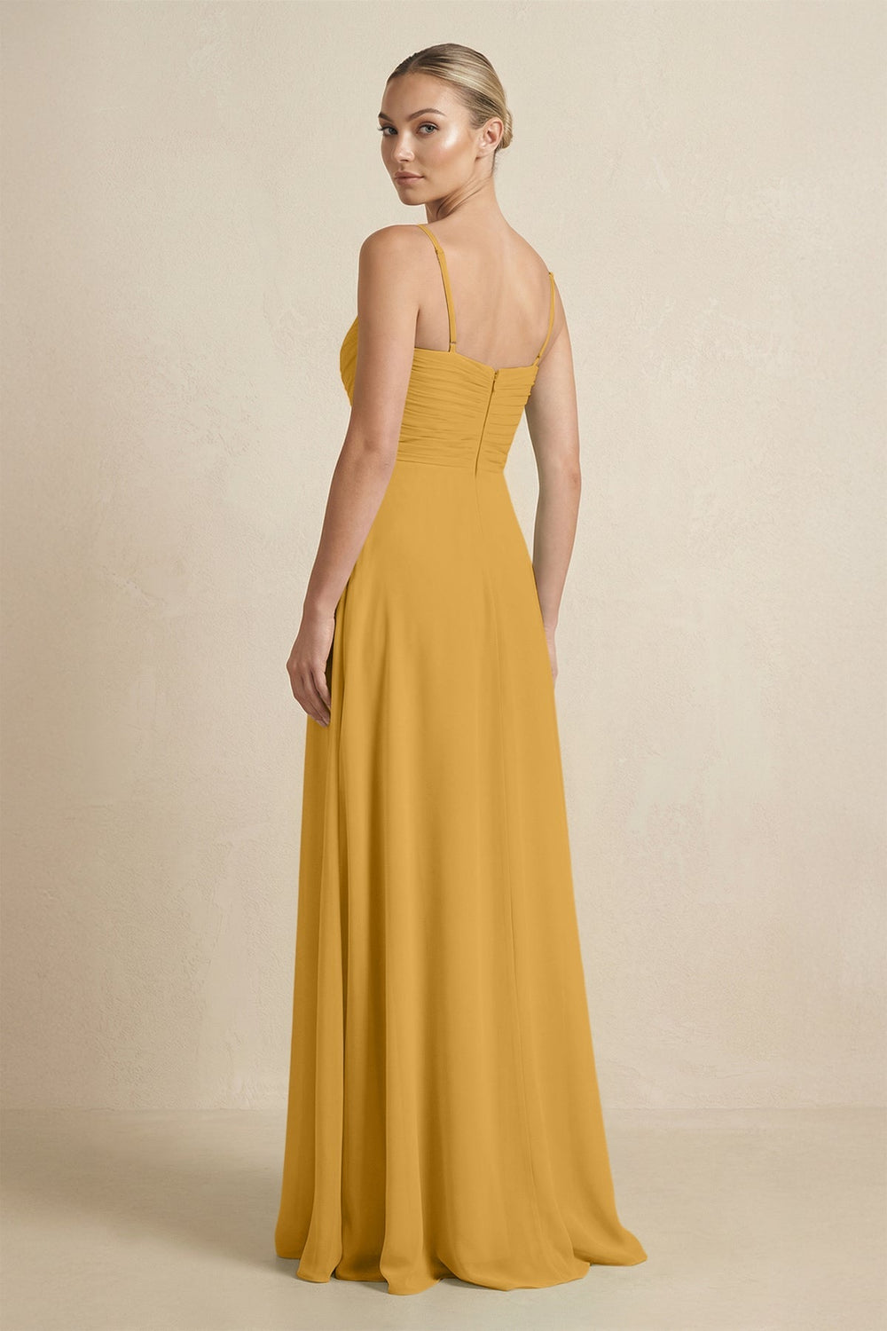 V - Neck A - Line Chiffon Pleated Bridesmaid Dress in Marigold - KissProm Bridesmaid Dresses
