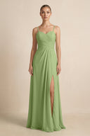 V - Neck A - Line Chiffon Pleated Bridesmaid Dress in Matcha - KissProm Bridesmaid Dresses