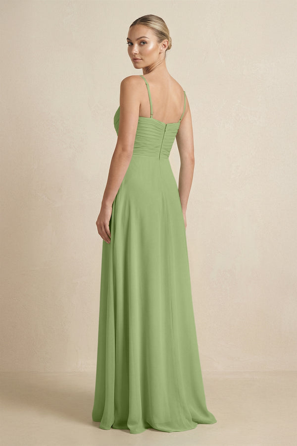V - Neck A - Line Chiffon Pleated Bridesmaid Dress in Matcha - KissProm Bridesmaid Dresses