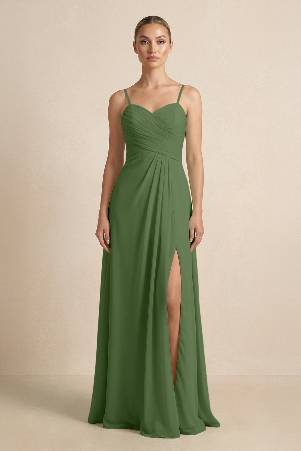 V - Neck A - Line Chiffon Pleated Bridesmaid Dress in Moss - KissProm Bridesmaid Dresses