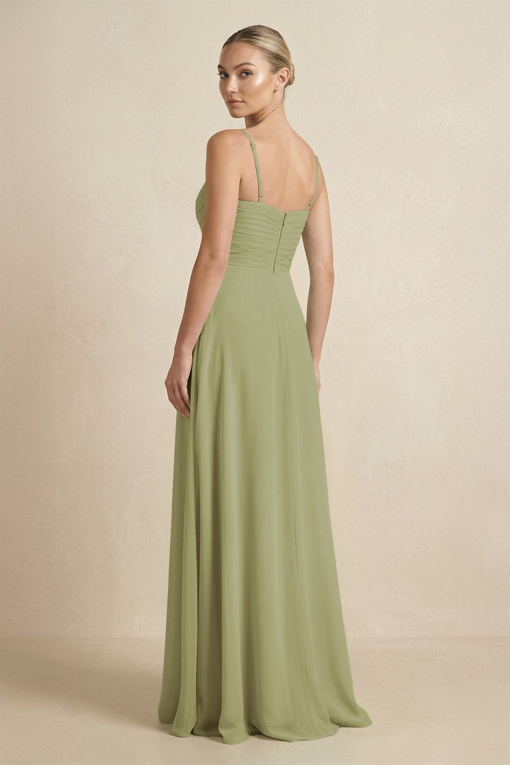 V - Neck A - Line Chiffon Pleated Bridesmaid Dress in Moss Green - KissProm Bridesmaid Dresses