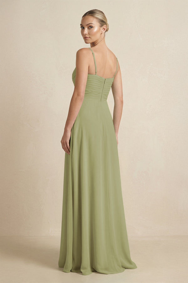 V - Neck A - Line Chiffon Pleated Bridesmaid Dress in Moss Green - KissProm Bridesmaid Dresses