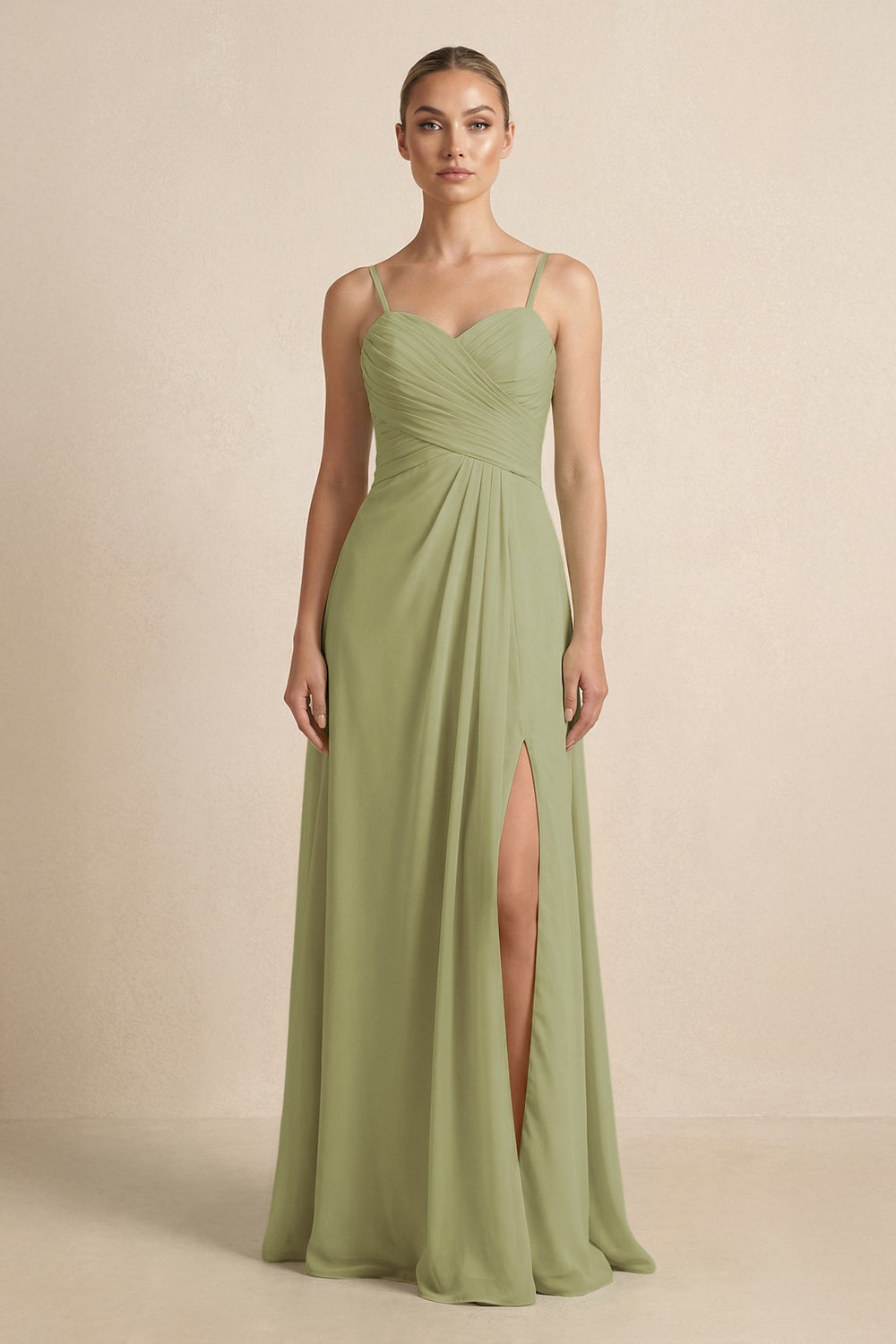 V - Neck A - Line Chiffon Pleated Bridesmaid Dress in Moss Green - KissProm Bridesmaid Dresses