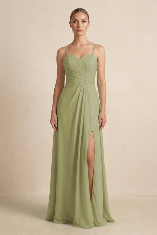 V - Neck A - Line Chiffon Pleated Bridesmaid Dress in Moss Green - KissProm Bridesmaid Dresses