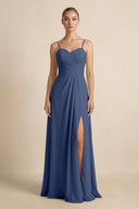 V - Neck A - Line Chiffon Pleated Bridesmaid Dress in Navy - KissProm Bridesmaid Dresses