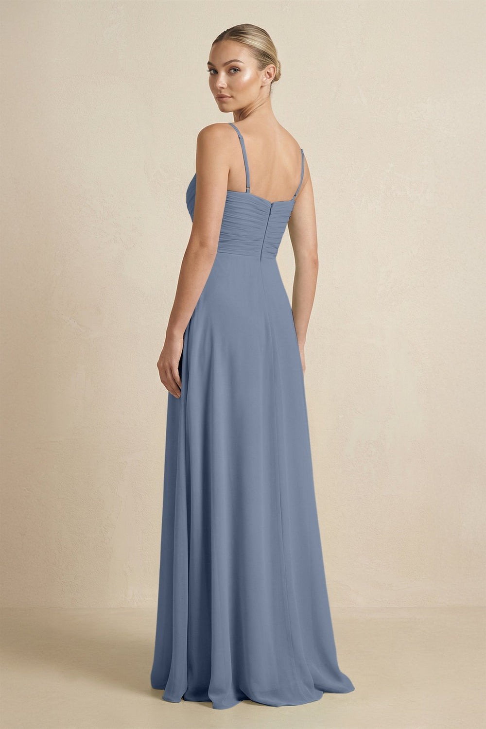 V - Neck A - Line Chiffon Pleated Bridesmaid Dress in Neptune - KissProm Bridesmaid Dresses