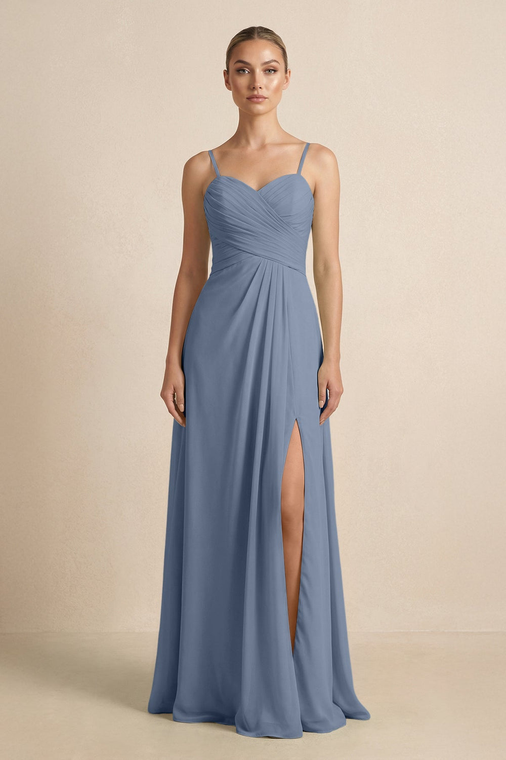 V - Neck A - Line Chiffon Pleated Bridesmaid Dress in Neptune - KissProm Bridesmaid Dresses
