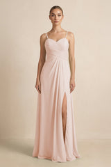 V - Neck A - Line Chiffon Pleated Bridesmaid Dress in Pale Blush - KissProm Bridesmaid Dresses