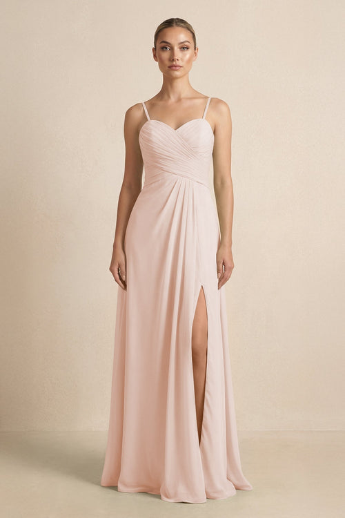 V - Neck A - Line Chiffon Pleated Bridesmaid Dress in Pale Blush - KissProm Bridesmaid Dresses