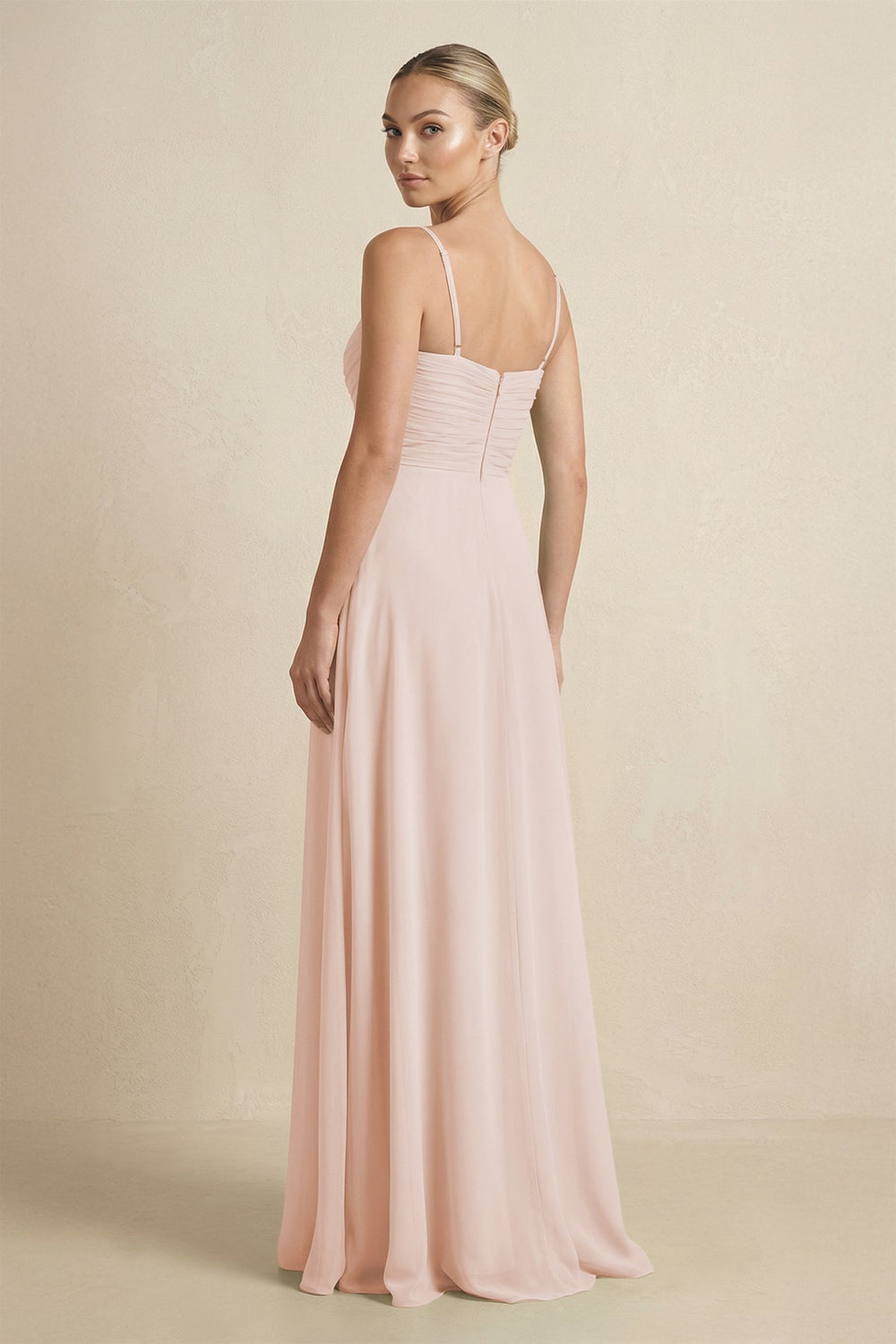 V - Neck A - Line Chiffon Pleated Bridesmaid Dress in Pale Blush - KissProm Bridesmaid Dresses