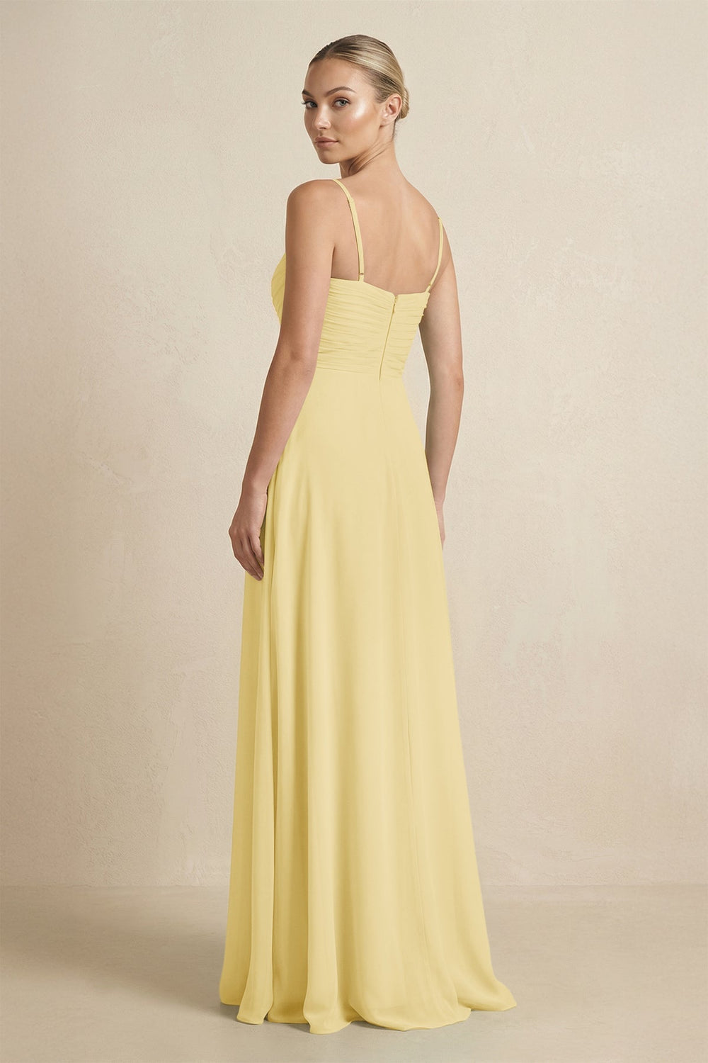 V - Neck A - Line Chiffon Pleated Bridesmaid Dress in Pastel Yellow - KissProm Bridesmaid Dresses