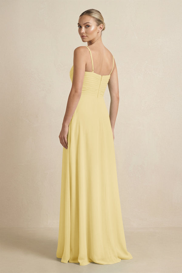 V - Neck A - Line Chiffon Pleated Bridesmaid Dress in Pastel Yellow - KissProm Bridesmaid Dresses