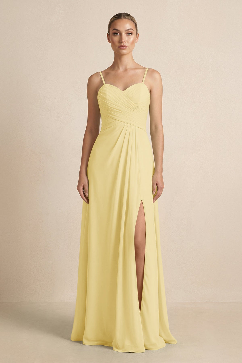 V - Neck A - Line Chiffon Pleated Bridesmaid Dress in Pastel Yellow - KissProm Bridesmaid Dresses