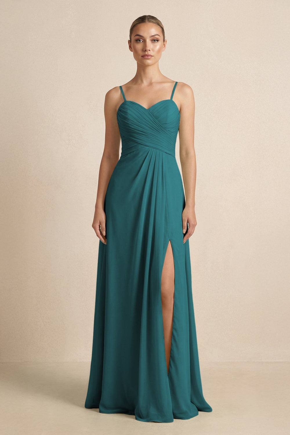 V - Neck A - Line Chiffon Pleated Bridesmaid Dress in Pine - KissProm Bridesmaid Dresses