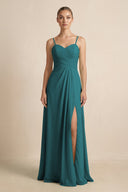 V - Neck A - Line Chiffon Pleated Bridesmaid Dress in Pine - KissProm Bridesmaid Dresses