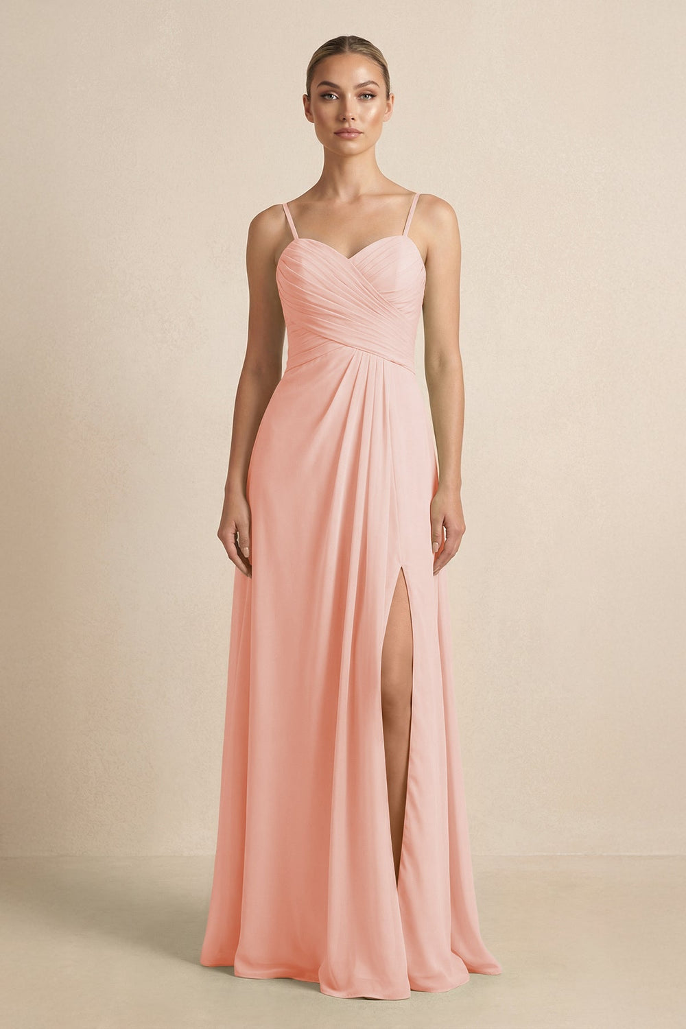 V - Neck A - Line Chiffon Pleated Bridesmaid Dress in Rose Petal - KissProm Bridesmaid Dresses